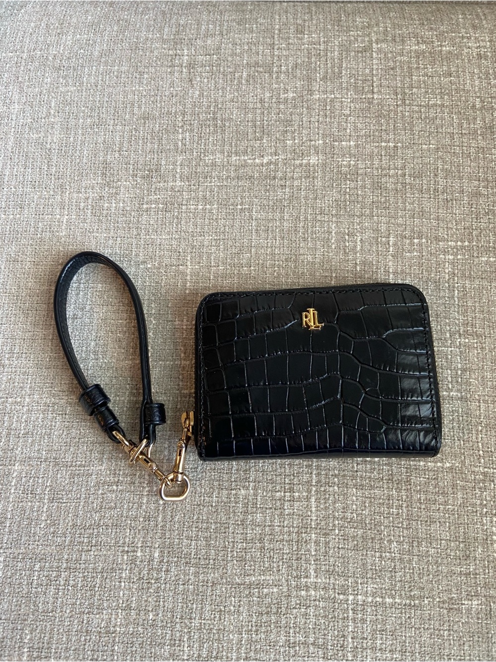 Lauren Ralph Lauren Small Leather Wallet Black Continental Wristlet Croc Emboss - Picture 2 of 7